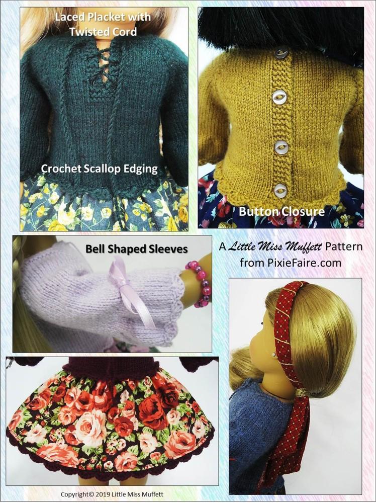 Little Miss Muffett Knitting Country Rose Dress Knitting and Sewing 18" Doll Clothes Pattern Pixie Faire