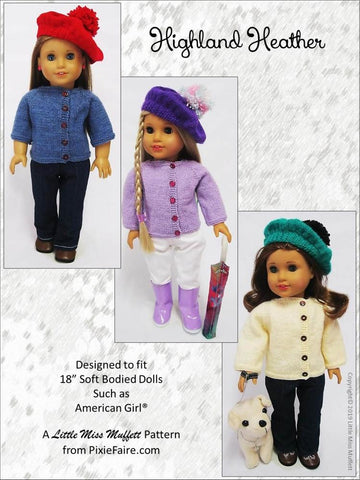 Little Miss Muffett Knitting Highland Heather Jacket and Tam 18" Doll Knitting Pattern Pixie Faire