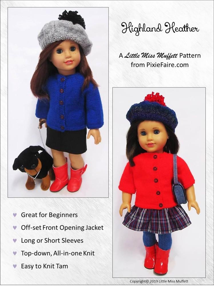Little Miss Muffett Knitting Highland Heather Jacket and Tam 18" Doll Knitting Pattern Pixie Faire