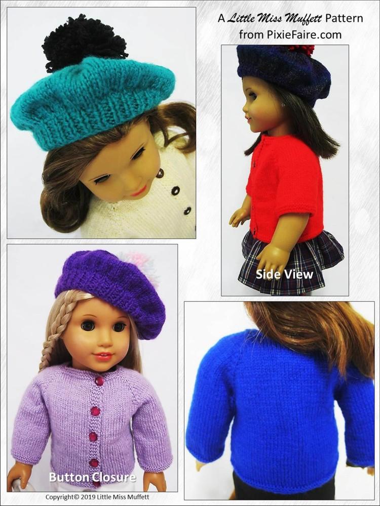 Little Miss Muffett Knitting Highland Heather Jacket and Tam 18" Doll Knitting Pattern Pixie Faire