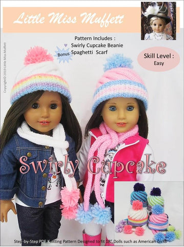 Little Miss Muffett Knitting Swirly Cupcake Beanie 18" Doll Knitting Pattern Pixie Faire