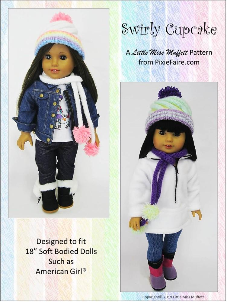 Little Miss Muffett Knitting Swirly Cupcake Beanie 18" Doll Knitting Pattern Pixie Faire