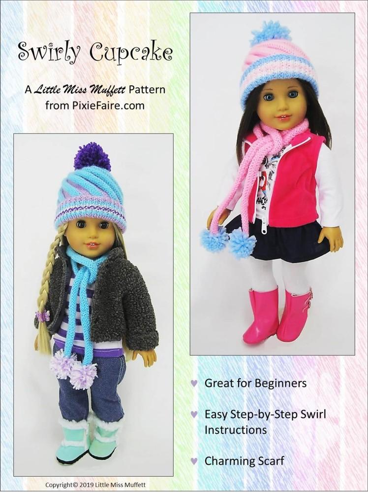 Little Miss Muffett Knitting Swirly Cupcake Beanie 18" Doll Knitting Pattern Pixie Faire