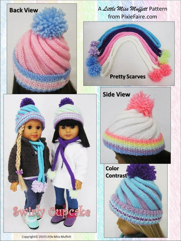 Little Miss Muffett Knitting Swirly Cupcake Beanie 18" Doll Knitting Pattern Pixie Faire