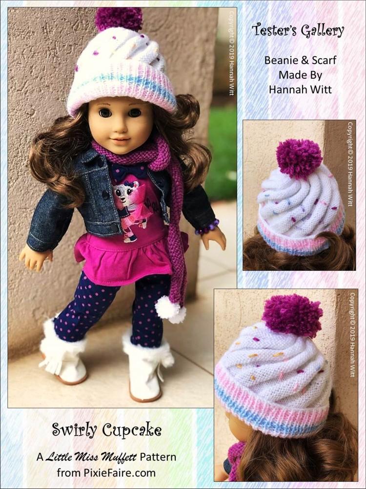 Little Miss Muffett Knitting Swirly Cupcake Beanie 18" Doll Knitting Pattern Pixie Faire