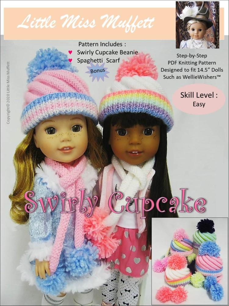 Little Miss Muffett WellieWishers Swirly Cupcake Beanie 14.5" Doll Clothes Knitting Pattern Pixie Faire