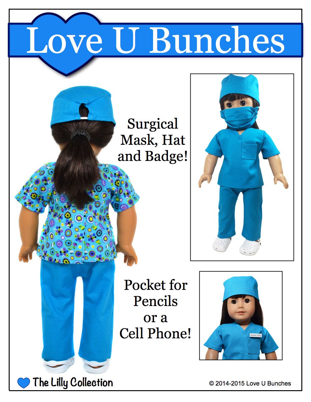 Love U Bunches 18 Inch Modern Scrubs Outfit 18" Doll Clothes Pattern Pixie Faire