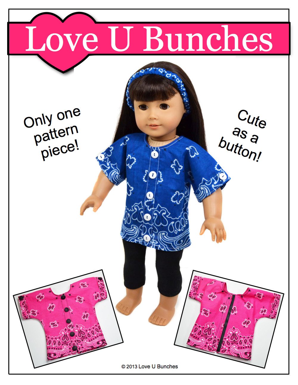 Love U Bunches 18 Inch Modern Bandana Blouse 18" Doll Clothes Pattern Pixie Faire