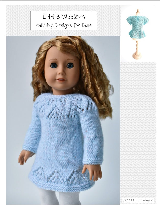 Little Woolens Designs Knitting Lacy Leaves Knitted Tunic 18" Doll Clothes Knitting Pattern Pixie Faire