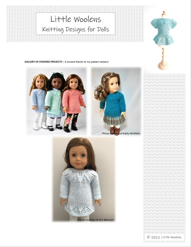 Little Woolens Designs Knitting Lacy Leaves Knitted Tunic 18" Doll Clothes Knitting Pattern Pixie Faire