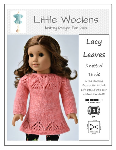 Little Woolens Designs Knitting Lacy Leaves Knitted Tunic 18" Doll Clothes Knitting Pattern Pixie Faire
