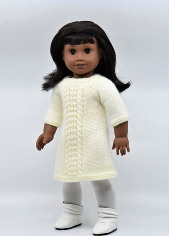 Little Woolens Designs Knitting Knots and Cables Dress 18" Doll Clothes Knitting Pattern Pixie Faire