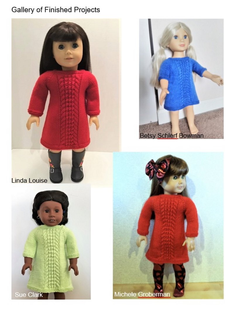 Little Woolens Designs Knitting Knots and Cables Dress 18" Doll Clothes Knitting Pattern Pixie Faire
