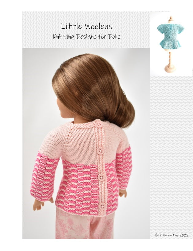 Little Woolens Designs Knitting Ridge & Furrow Sweater and Hat 18" Doll Clothes Knitting Pattern Pixie Faire