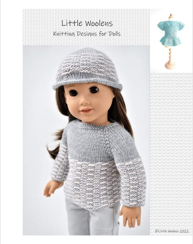 Little Woolens Designs Knitting Ridge & Furrow Sweater and Hat 18" Doll Clothes Knitting Pattern Pixie Faire