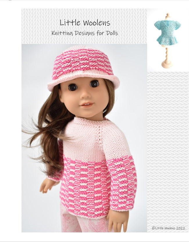 Little Woolens Designs Knitting Ridge & Furrow Sweater and Hat 18" Doll Clothes Knitting Pattern Pixie Faire