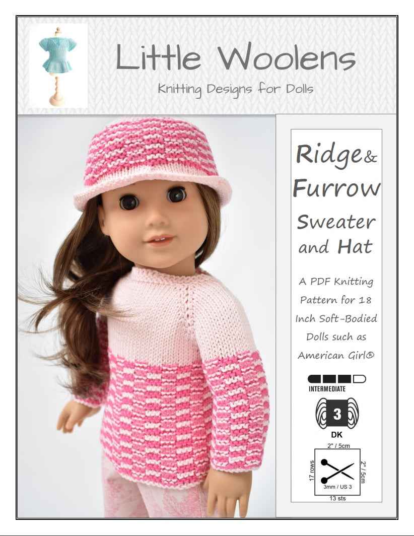 Little Woolens Designs Knitting Ridge & Furrow Sweater and Hat 18" Doll Clothes Knitting Pattern Pixie Faire