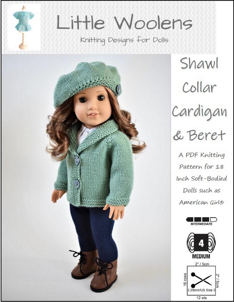 Little Woolens Designs Knitting Shawl Collar Cardigan and Beret 18" Doll Clothes Knitting Pattern Pixie Faire