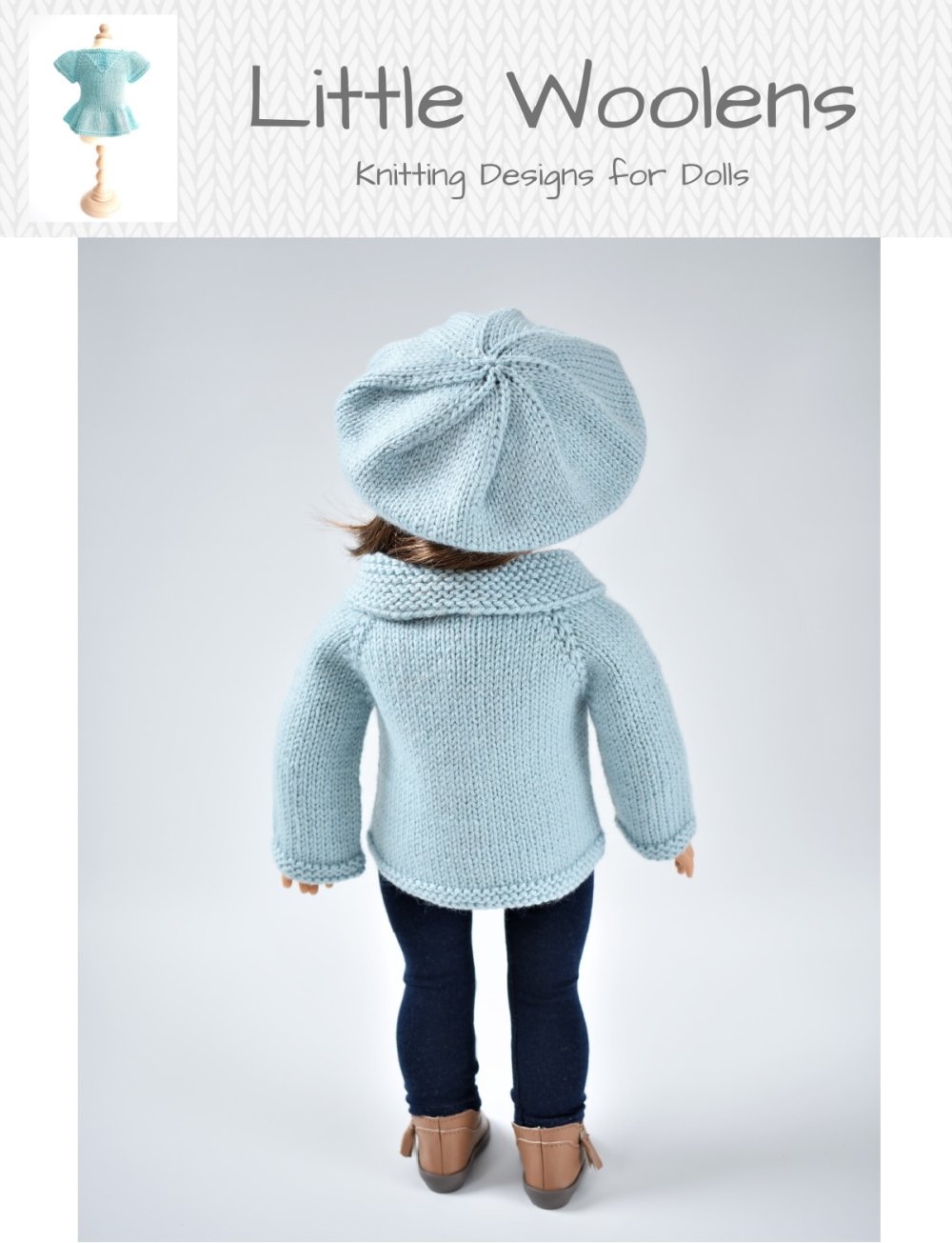 Little Woolens Designs Knitting Shawl Collar Cardigan and Beret 18" Doll Clothes Knitting Pattern Pixie Faire
