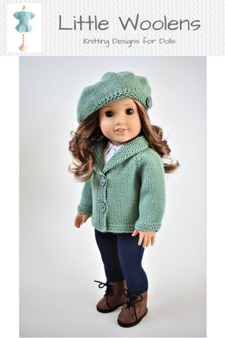 Little Woolens Designs Knitting Shawl Collar Cardigan and Beret 18" Doll Clothes Knitting Pattern Pixie Faire