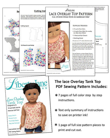 Liberty Jane 18 Inch Modern Lace Overlay Tank Top 18" Doll Clothes Pattern Pixie Faire