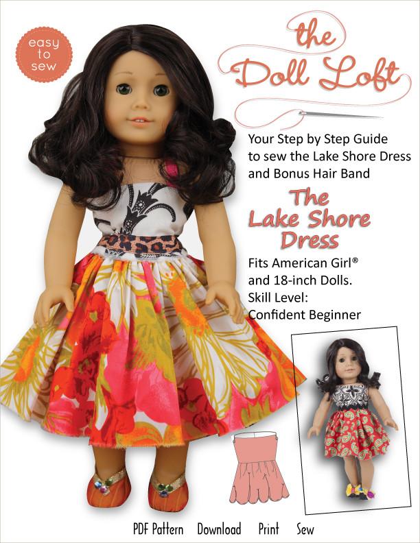 The Doll Loft 18 Inch Modern Lake Shore Dress and Hairband 18" Doll Clothes Pattern Pixie Faire