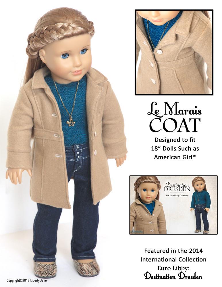 Liberty Jane 18 Inch Modern Le Marais Coat 18" Doll Clothes Pattern Pixie Faire