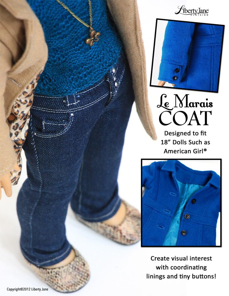 Liberty Jane 18 Inch Modern Le Marais Coat 18" Doll Clothes Pattern Pixie Faire