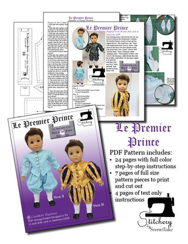 Stitchery By Snowflake 18 Inch Historical Le Premier Prince 18" Doll Clothes Pattern Pixie Faire