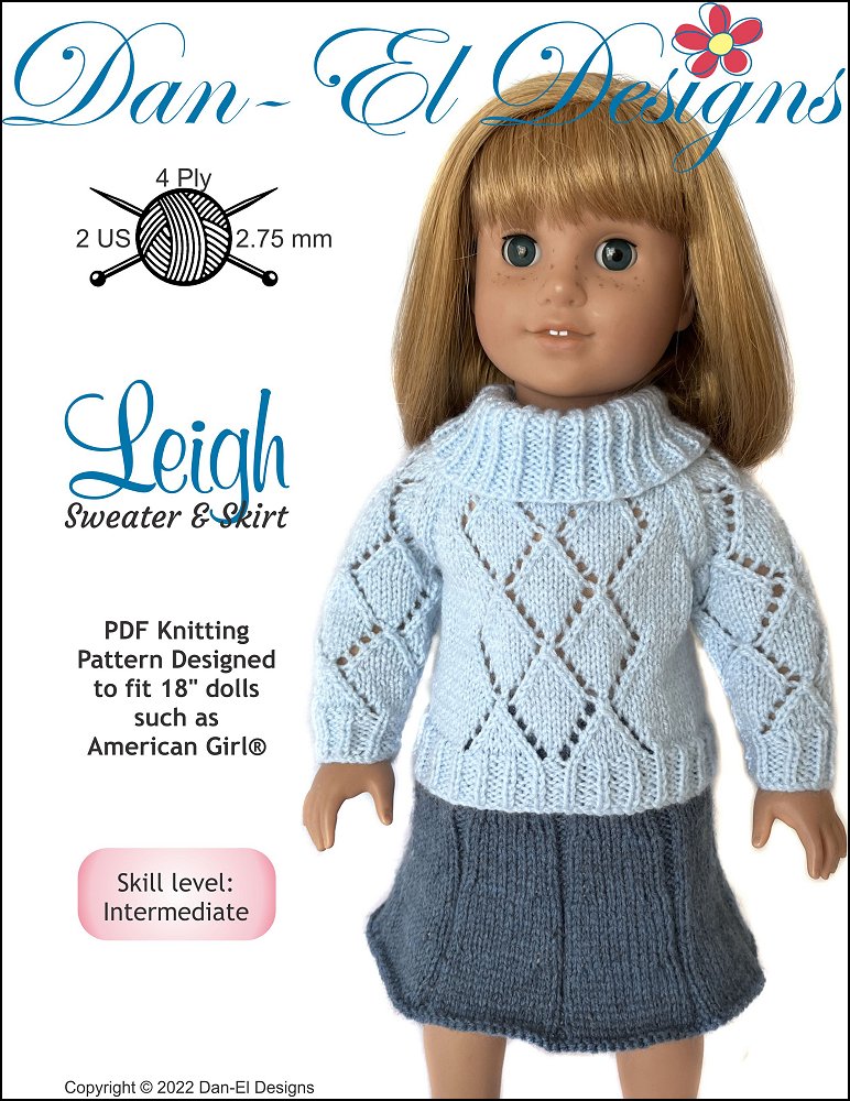 Dan-El Designs Knitting Leigh Sweater and Skirt 18" Doll Clothes Knitting Pattern Pixie Faire