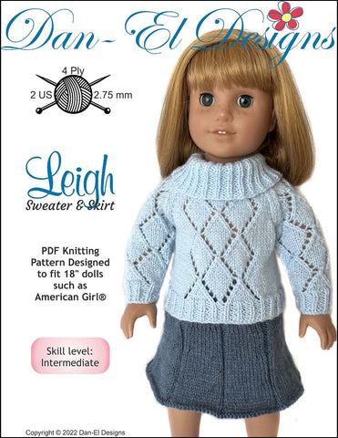 Dan-El Designs Knitting Leigh Sweater and Skirt 18" Doll Clothes Knitting Pattern Pixie Faire