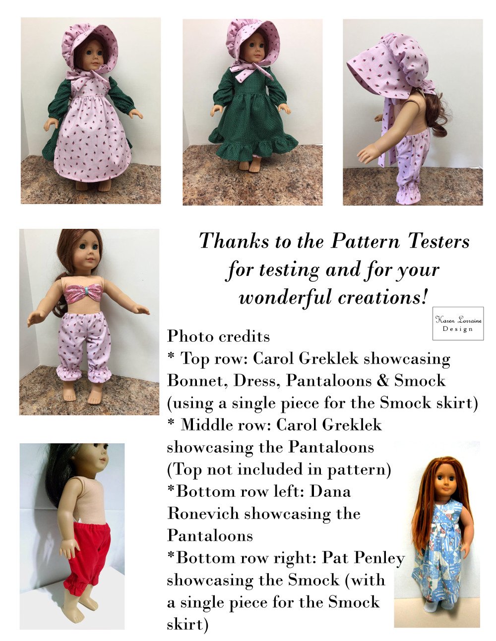 Karen Lorraine Design 18 Inch Historical Les Souvenirs 18" Doll Clothes Pattern Pixie Faire