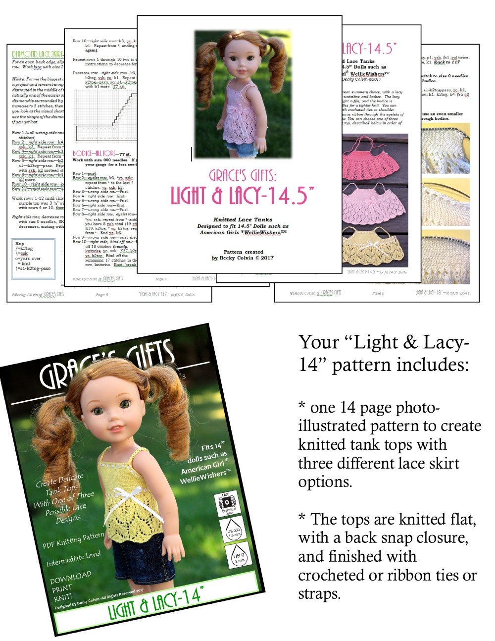 Grace's Gifts WellieWishers Light & Lacy 14.5" Doll Knitting Pattern Pixie Faire