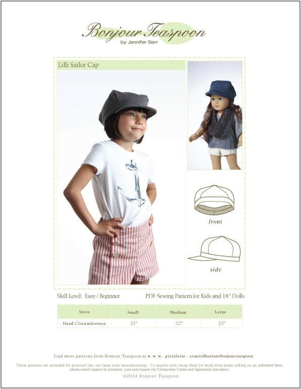 Bonjour Teaspoon 18 Inch Modern Lilli Sailor Cap Pattern for Kids and 18" Dolls Pixie Faire