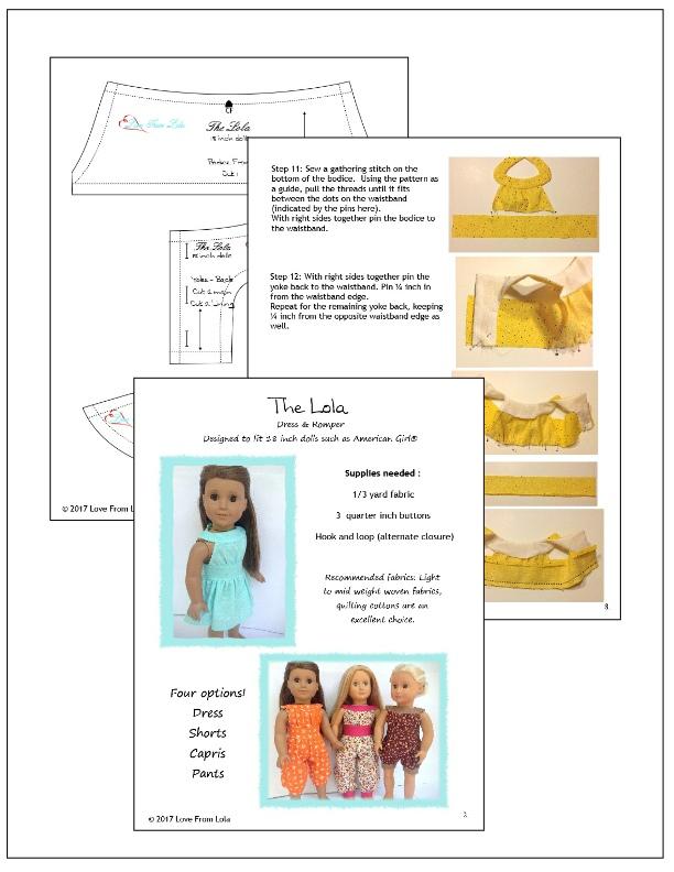 Love From Lola 18 Inch Modern The Lola Dress and Romper 18" Doll Clothes Pattern Pixie Faire