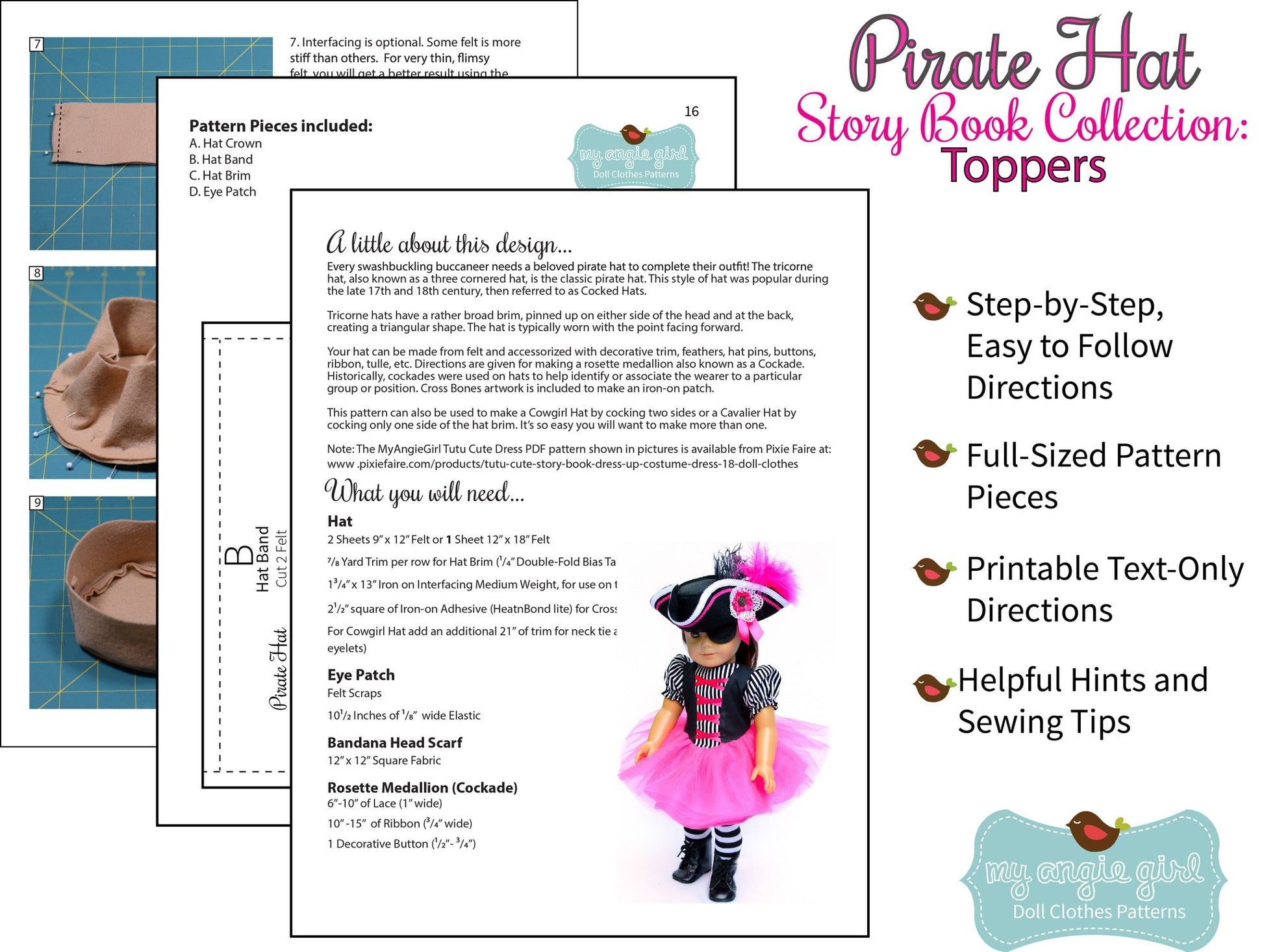 My Angie Girl 18 Inch Modern Pirate Hat Story Book Collection: Toppers 18" Doll Clothes Pixie Faire