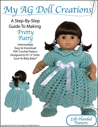 My AG Doll Creations Bitty Baby/Twin Pretty Patty Dress and Booties 15" Baby Doll Clothes Crochet Pattern Pixie Faire