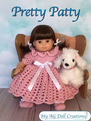 My AG Doll Creations Bitty Baby/Twin Pretty Patty Dress and Booties 15" Baby Doll Clothes Crochet Pattern Pixie Faire