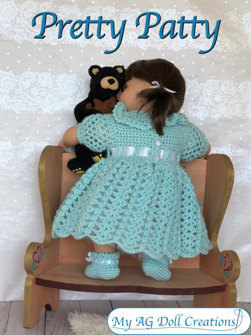 My AG Doll Creations Bitty Baby/Twin Pretty Patty Dress and Booties 15" Baby Doll Clothes Crochet Pattern Pixie Faire