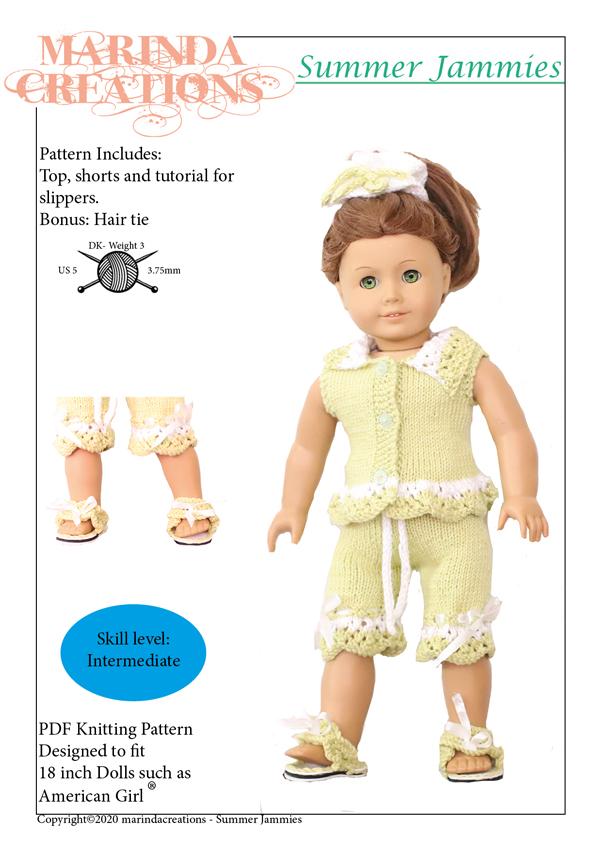 Marinda Creations Knitting Summer Jammies 18" Doll Clothes Knitting Pattern Pixie Faire