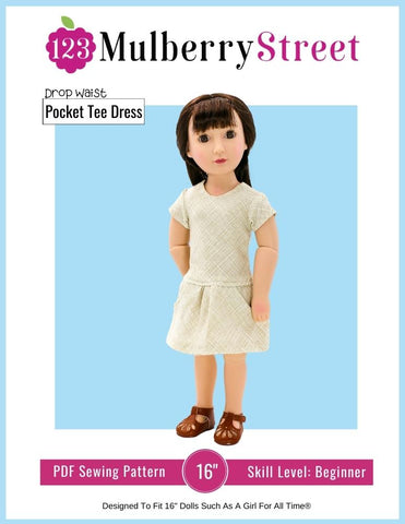 123 Mulberry Street A Girl For All Time Drop Waist Pocket Tee Dress Pattern For 16" A Girl For All Time Dolls Pixie Faire