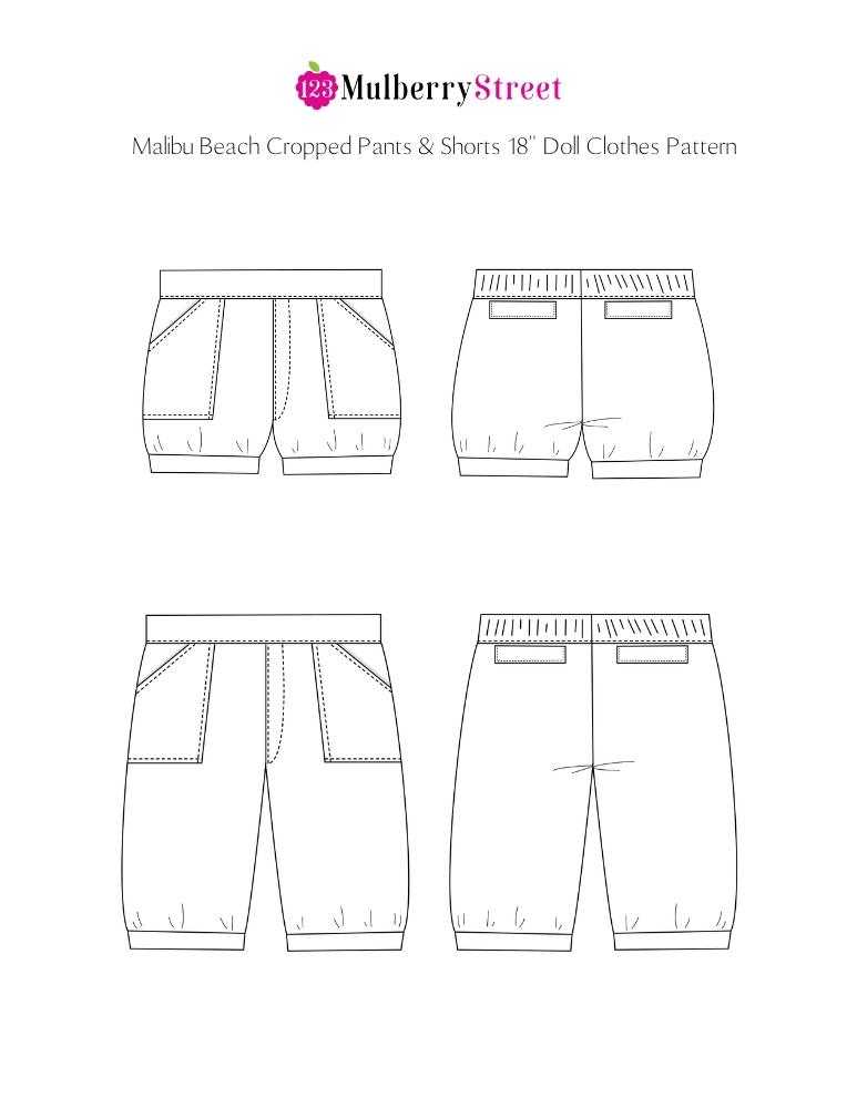 123 Mulberry Street 18 Inch Modern Malibu Beach Cropped Pants 18" Doll Clothes Pattern Pixie Faire