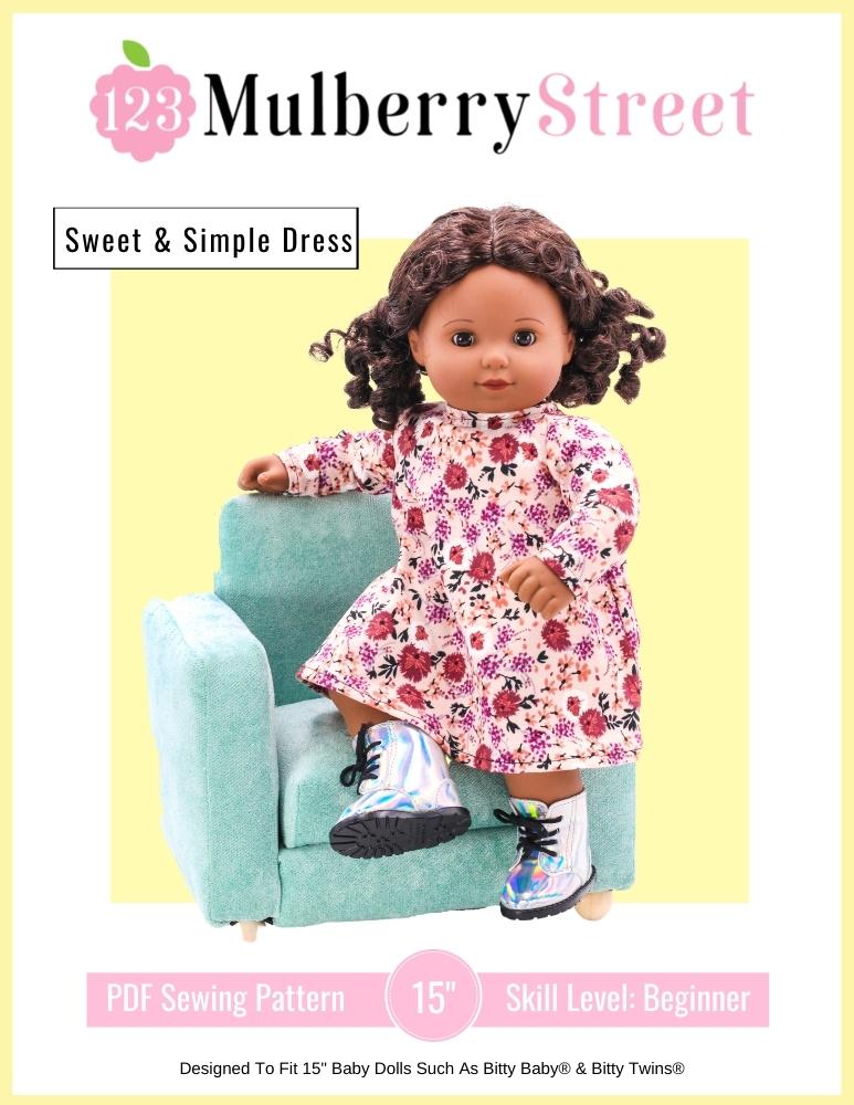 123 Mulberry Street Bitty Baby/Twin Sweet & Simple Dress 15" Baby Doll Clothes Pattern Pixie Faire