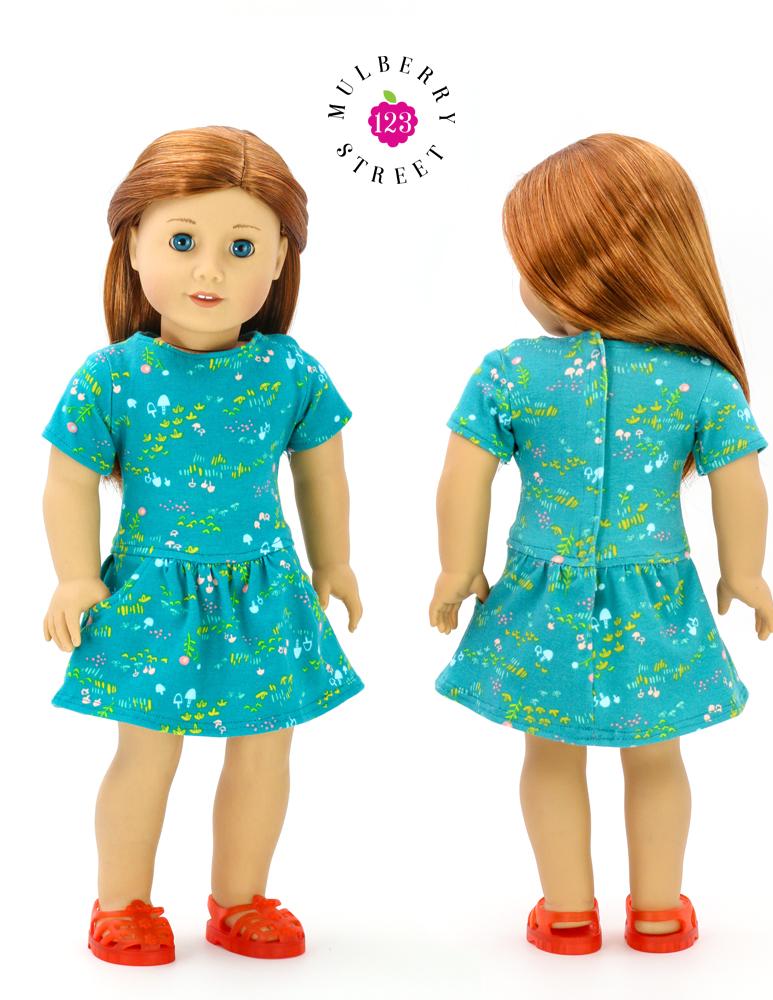123 Mulberry Street 18 Inch Modern Drop Waist Pocket Tee Dress 18" Doll Clothes Pattern Pixie Faire