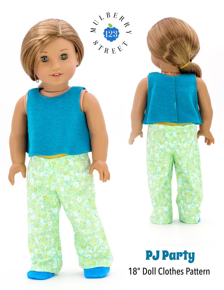 123 Mulberry Street 18 Inch Modern Pj Party Pjs and Slippers 18" Doll Clothes Pattern Pixie Faire