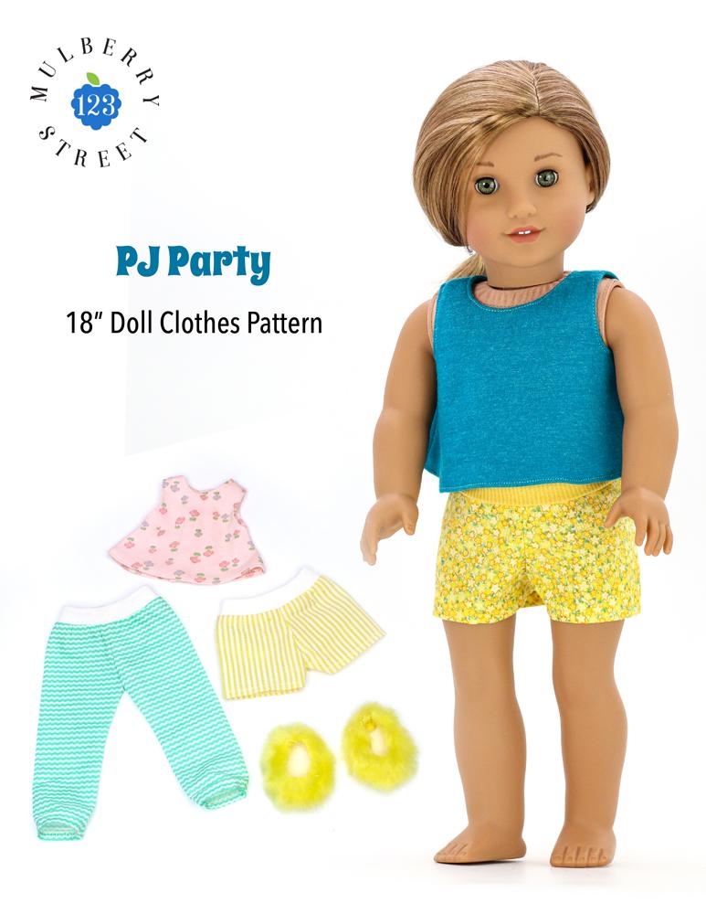 123 Mulberry Street 18 Inch Modern Pj Party Pjs and Slippers 18" Doll Clothes Pattern Pixie Faire