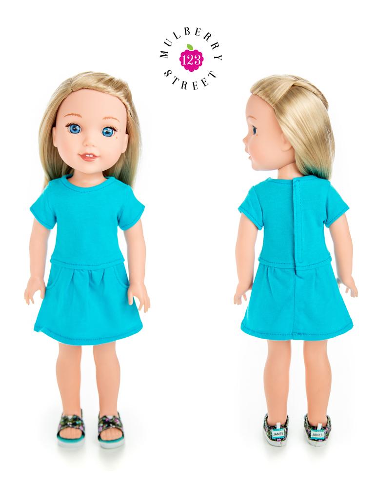 123 Mulberry Street WellieWishers Drop Waist Pocket Tee Dress 14.5" Doll Clothes Pattern Pixie Faire