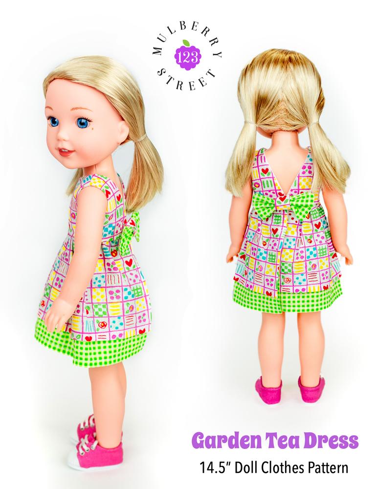 123 Mulberry Street WellieWishers Garden Tea Dress 14.5" Doll Clothes Pattern Pixie Faire
