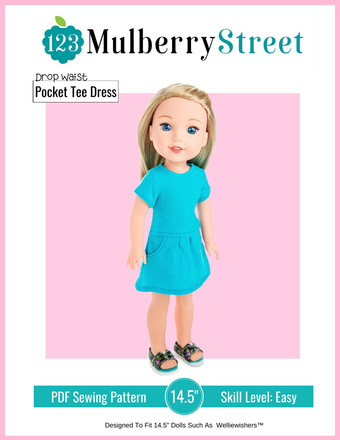 123 Mulberry Street WellieWishers Drop Waist Pocket Tee Dress 14.5" Doll Clothes Pattern Pixie Faire