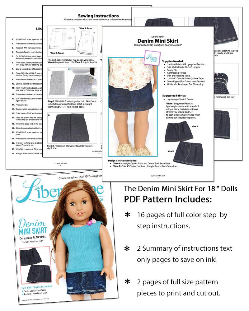 Liberty Jane 18 Inch Modern Denim Mini Skirt 18" Doll Clothes Pattern Pixie Faire